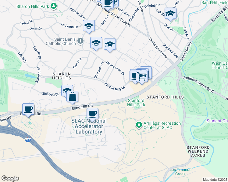 map of restaurants, bars, coffee shops, grocery stores, and more near 675 Sharon Park Drive in Menlo Park