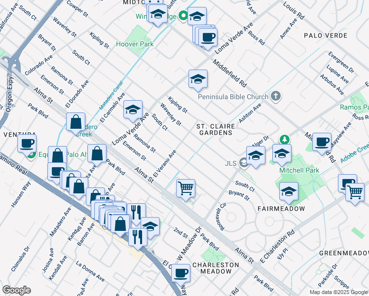 map of restaurants, bars, coffee shops, grocery stores, and more near 3324 South Court in Palo Alto