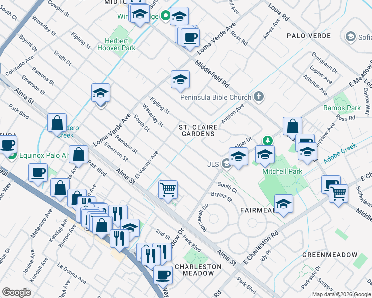 map of restaurants, bars, coffee shops, grocery stores, and more near 3400 Rambow Drive in Palo Alto
