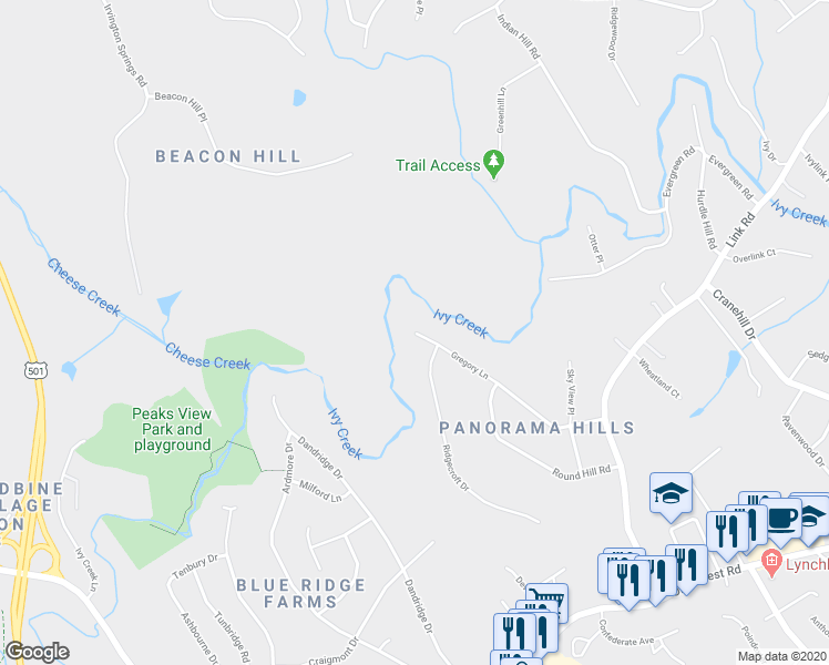 map of restaurants, bars, coffee shops, grocery stores, and more near 7128 Gregory Lane in Lynchburg