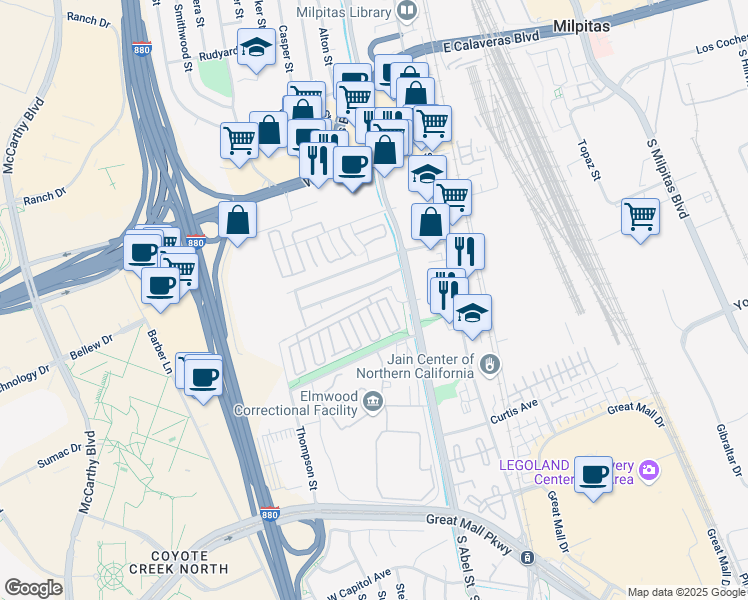 map of restaurants, bars, coffee shops, grocery stores, and more near 166 Sylvia Avenue in Milpitas