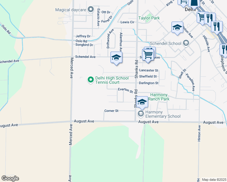 map of restaurants, bars, coffee shops, grocery stores, and more near 16642 Everton Street in Delhi