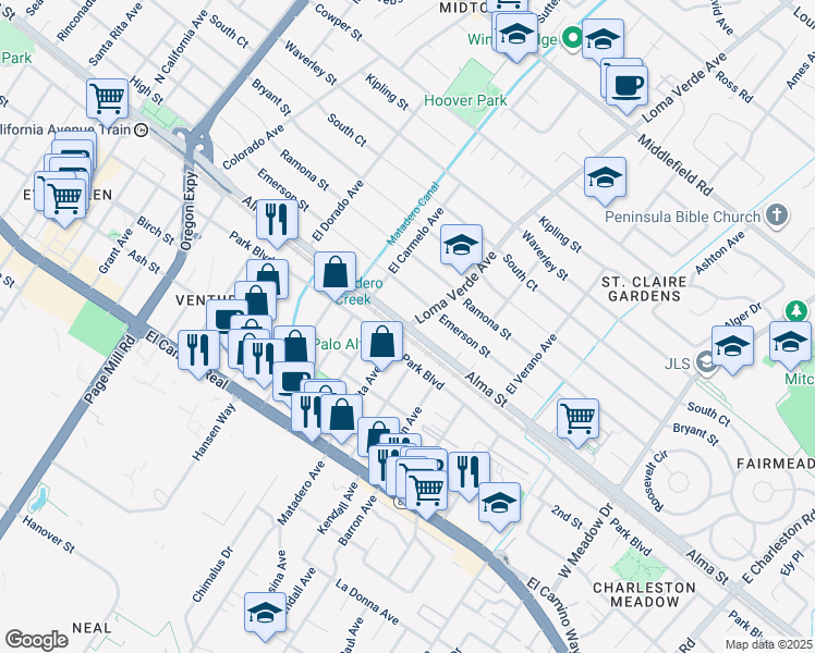 map of restaurants, bars, coffee shops, grocery stores, and more near 3075 Alma Street in Palo Alto