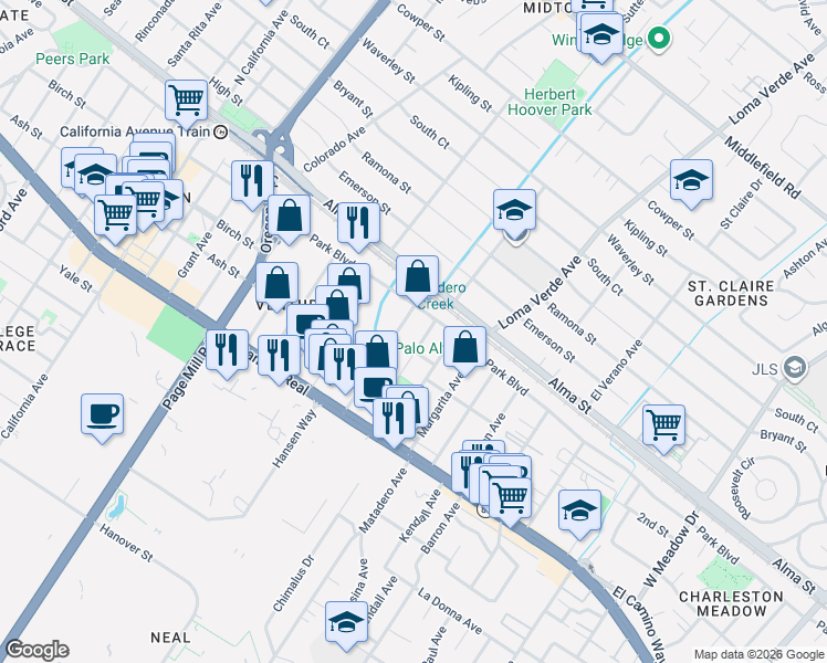 map of restaurants, bars, coffee shops, grocery stores, and more near 231 Lambert Avenue in Palo Alto