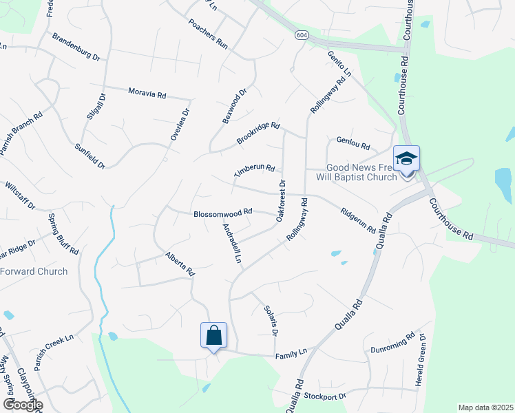 map of restaurants, bars, coffee shops, grocery stores, and more near 10624 Blossomwood Road in Chesterfield