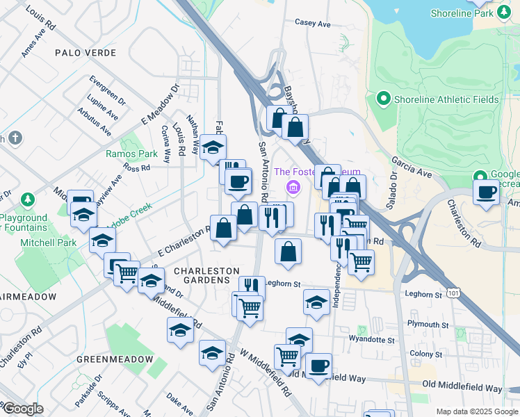 map of restaurants, bars, coffee shops, grocery stores, and more near 901 San Antonio Road in Palo Alto