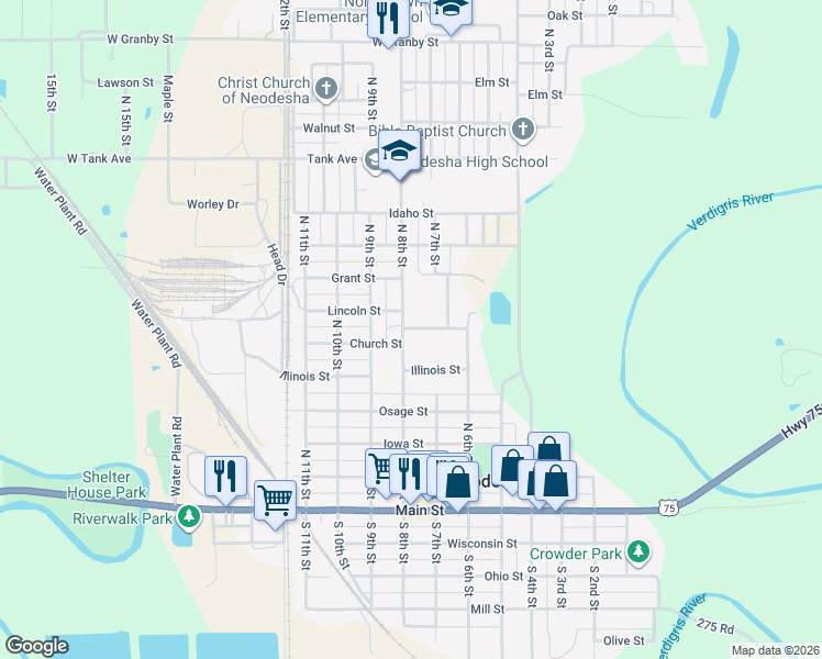 map of restaurants, bars, coffee shops, grocery stores, and more near 544 North 8th Street in Neodesha