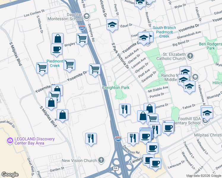 map of restaurants, bars, coffee shops, grocery stores, and more near 1245 Creighton Court in Milpitas