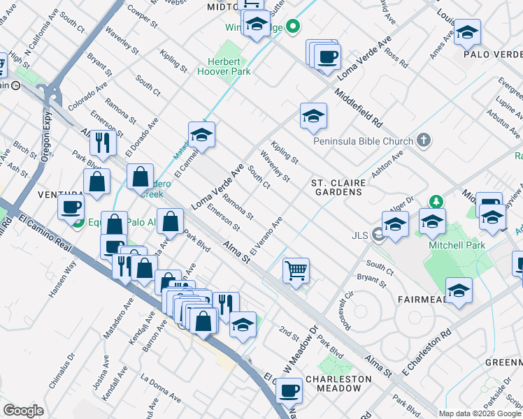 map of restaurants, bars, coffee shops, grocery stores, and more near 3228 Bryant Street in Palo Alto