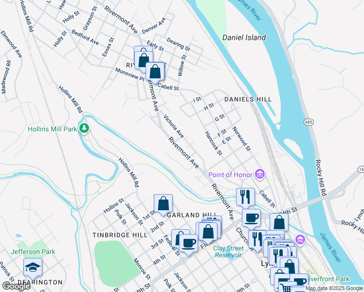 map of restaurants, bars, coffee shops, grocery stores, and more near 513 Victoria Avenue in Lynchburg
