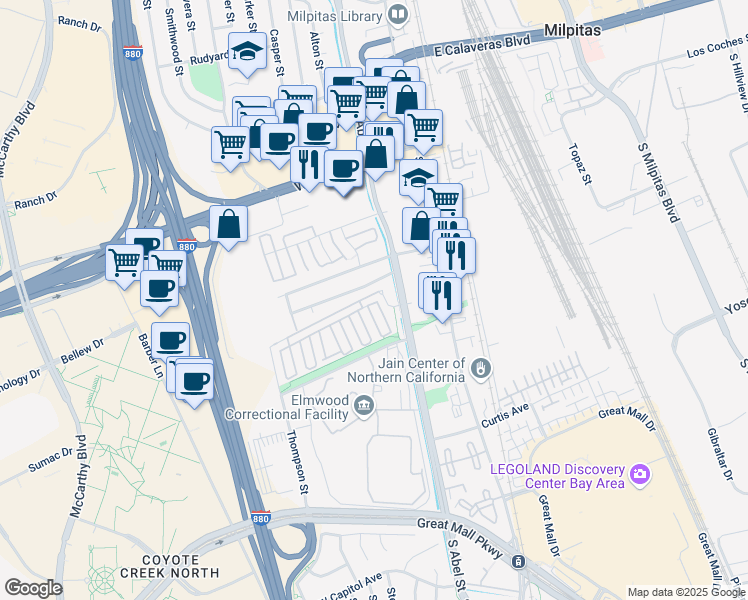 map of restaurants, bars, coffee shops, grocery stores, and more near 142 Alvarez Common in Milpitas