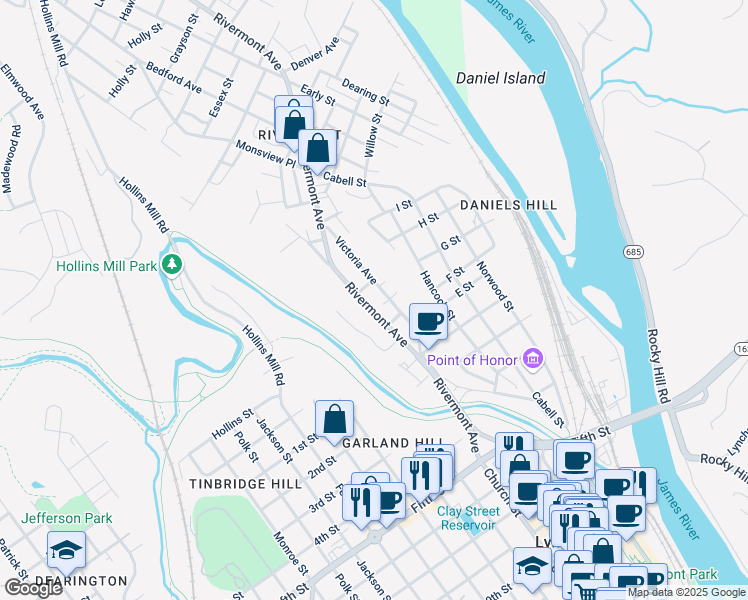 map of restaurants, bars, coffee shops, grocery stores, and more near 470 Rivermont Avenue in Lynchburg