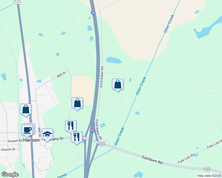 map of restaurants, bars, coffee shops, grocery stores, and more near 380 Estill Baker Road in Hanson