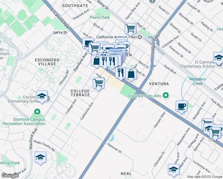 map of restaurants, bars, coffee shops, grocery stores, and more near 601 California Avenue in Palo Alto
