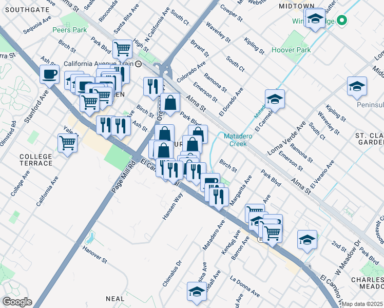 map of restaurants, bars, coffee shops, grocery stores, and more near 380 Portage Avenue in Palo Alto