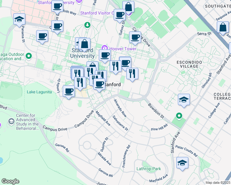 map of restaurants, bars, coffee shops, grocery stores, and more near in Stanford