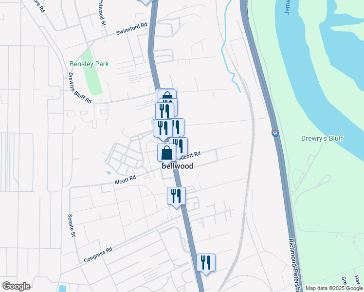 map of restaurants, bars, coffee shops, grocery stores, and more near 7411 Jefferson Davis Highway in Richmond