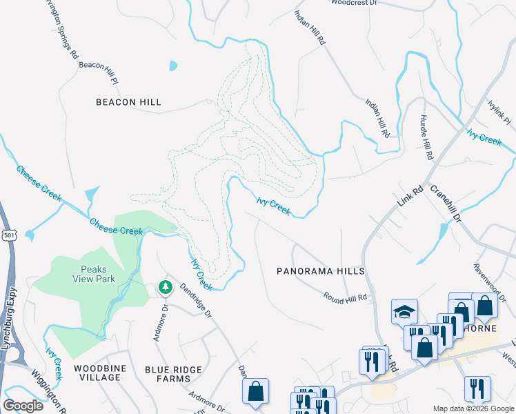 map of restaurants, bars, coffee shops, grocery stores, and more near 3575 Gregory Lane in Lynchburg