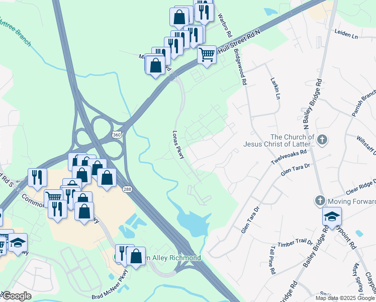map of restaurants, bars, coffee shops, grocery stores, and more near 12531 Wescott Drive in Midlothian