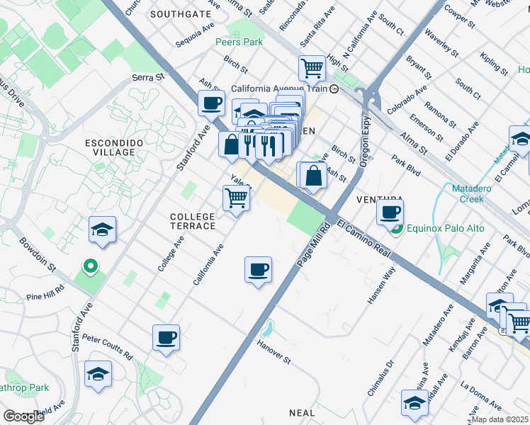 map of restaurants, bars, coffee shops, grocery stores, and more near 601 California Avenue in Palo Alto