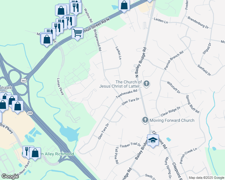 map of restaurants, bars, coffee shops, grocery stores, and more near 4506 Bridgewood Road in Midlothian
