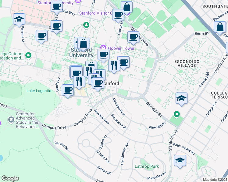 map of restaurants, bars, coffee shops, grocery stores, and more near 566 Arguello Way in Stanford