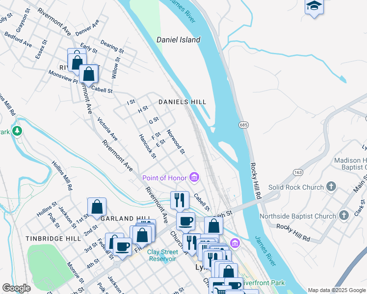 map of restaurants, bars, coffee shops, grocery stores, and more near 321 Johnson Street in Lynchburg
