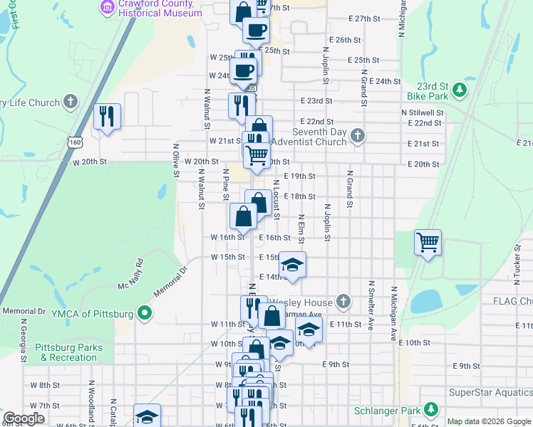 map of restaurants, bars, coffee shops, grocery stores, and more near 1703 North Locust Street in Pittsburg
