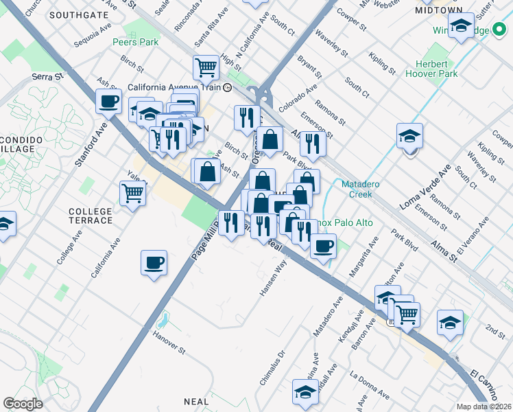 map of restaurants, bars, coffee shops, grocery stores, and more near 440 Pepper Avenue in Palo Alto