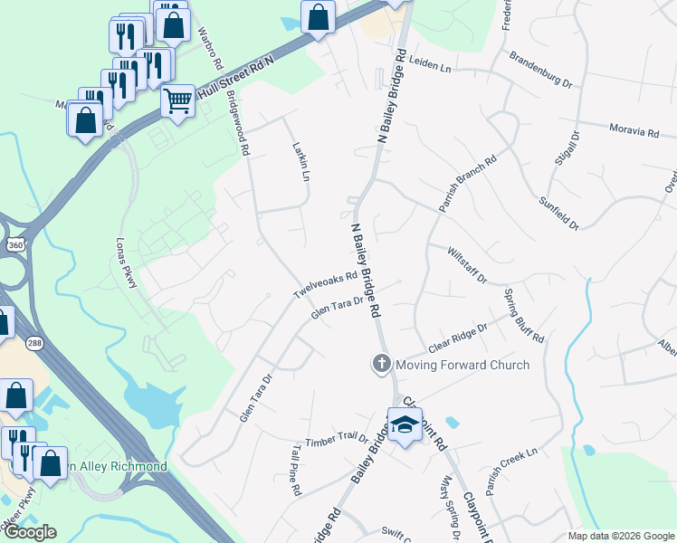map of restaurants, bars, coffee shops, grocery stores, and more near 4512 Twelveoaks Road in Midlothian