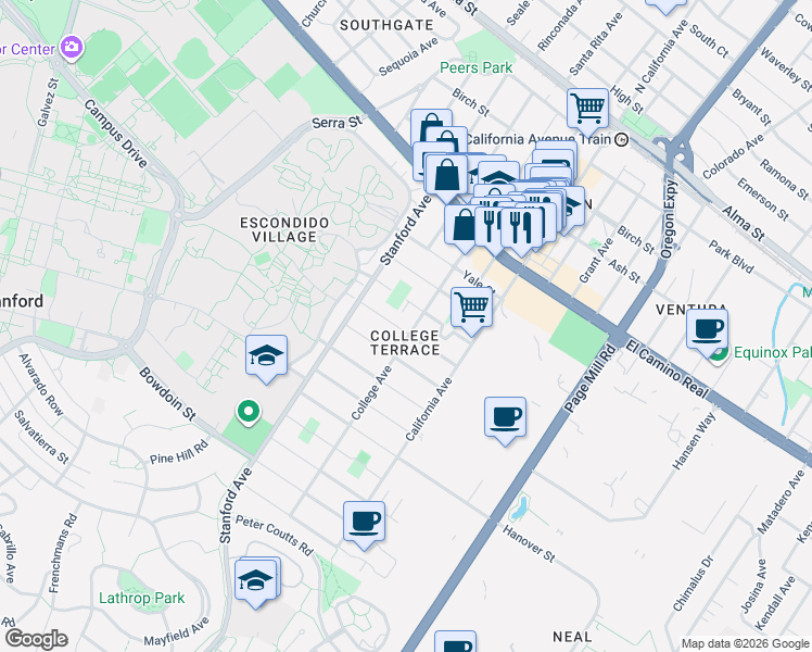 map of restaurants, bars, coffee shops, grocery stores, and more near in Palo Alto