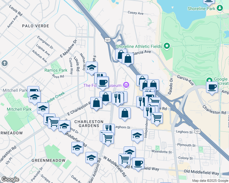 map of restaurants, bars, coffee shops, grocery stores, and more near 901 San Antonio Road in Palo Alto