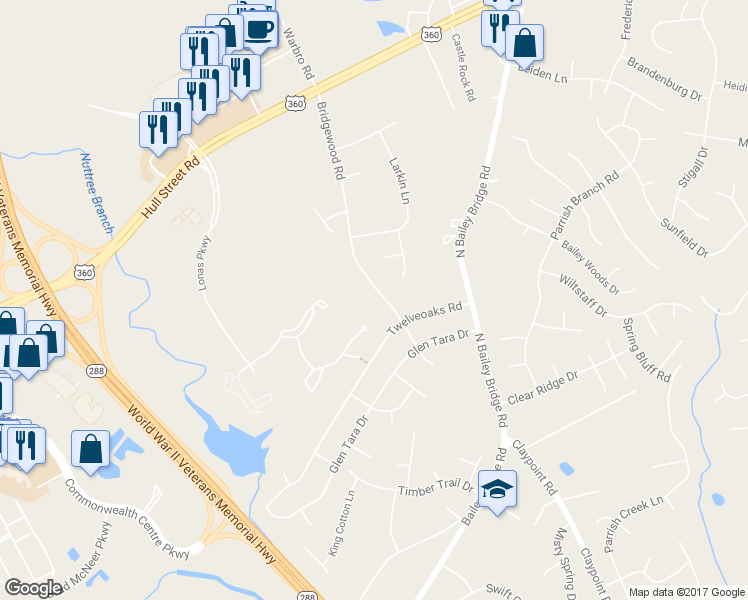 map of restaurants, bars, coffee shops, grocery stores, and more near 4500 Bridgewood Road in Midlothian