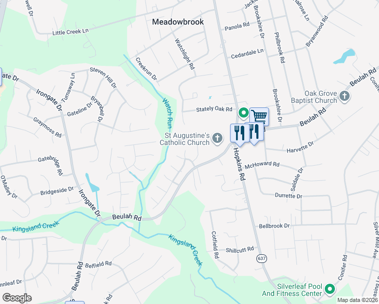 map of restaurants, bars, coffee shops, grocery stores, and more near 6705 Mason Run Drive in Richmond
