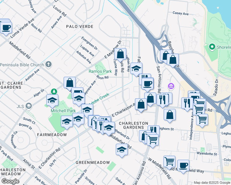 map of restaurants, bars, coffee shops, grocery stores, and more near 779 Gailen Avenue in Palo Alto