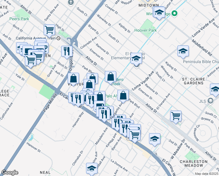 map of restaurants, bars, coffee shops, grocery stores, and more near 231 Lambert Avenue in Palo Alto