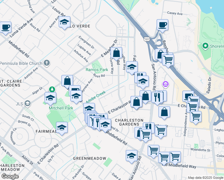 map of restaurants, bars, coffee shops, grocery stores, and more near 779 Gailen Avenue in Palo Alto