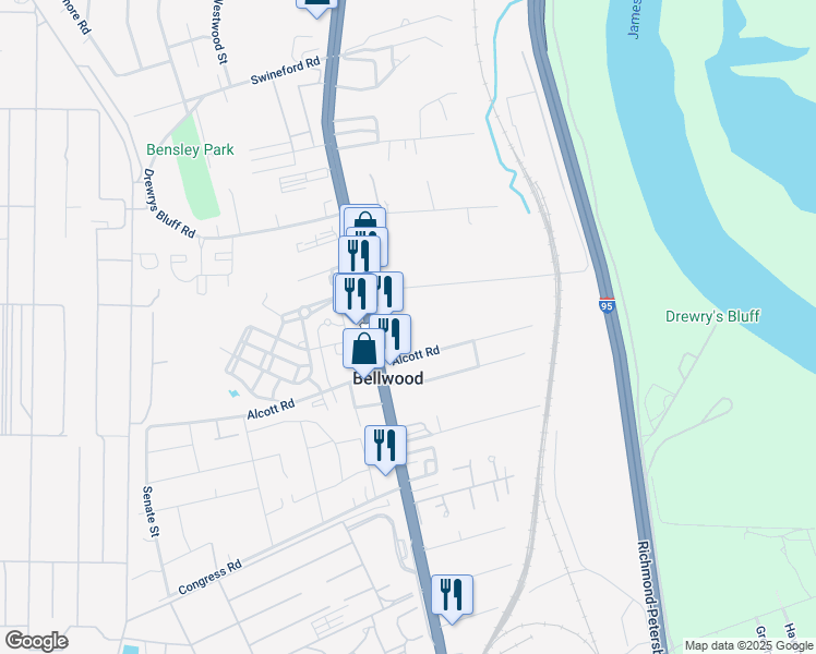 map of restaurants, bars, coffee shops, grocery stores, and more near 2558 Alcott Road in Bellwood