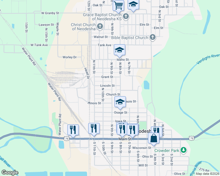 map of restaurants, bars, coffee shops, grocery stores, and more near 649-699 North 9th Street in Neodesha