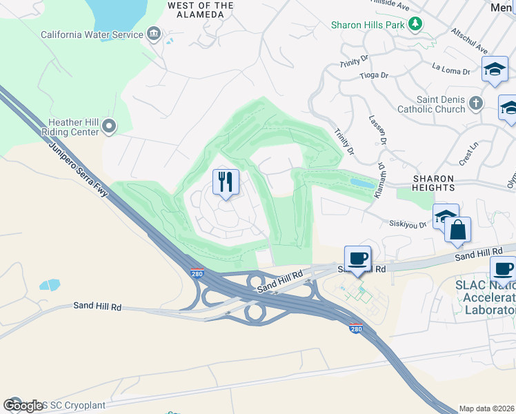 map of restaurants, bars, coffee shops, grocery stores, and more near 136 Sand Hill Circle in Menlo Park