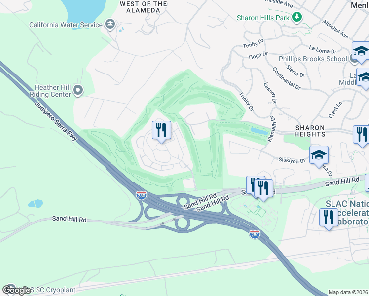 map of restaurants, bars, coffee shops, grocery stores, and more near 136 Sand Hill Circle in Menlo Park