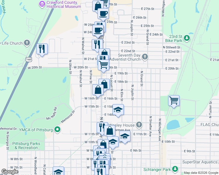 map of restaurants, bars, coffee shops, grocery stores, and more near 1703 North Locust Street in Pittsburg