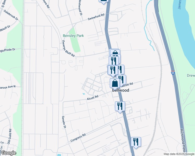 map of restaurants, bars, coffee shops, grocery stores, and more near 2721 Bensley Commons Boulevard in Richmond