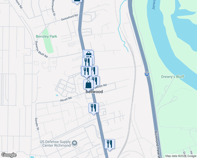 map of restaurants, bars, coffee shops, grocery stores, and more near 7411 Jefferson Davis Highway in Richmond