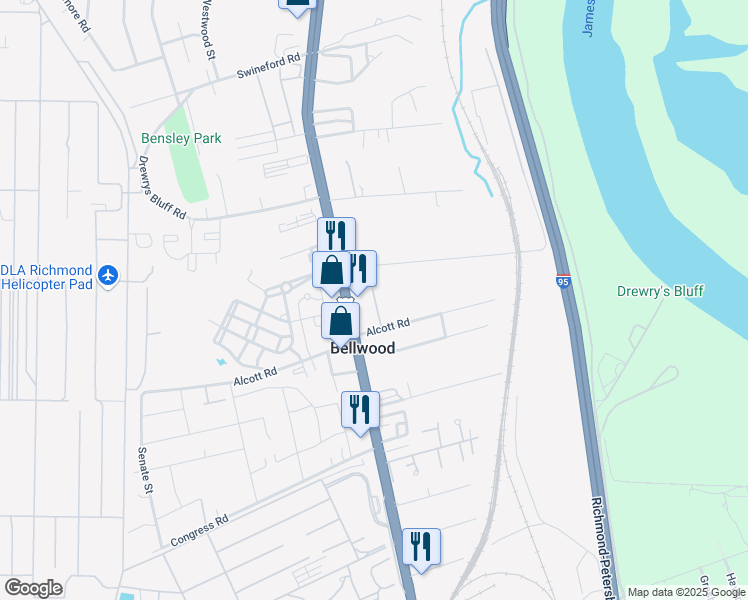 map of restaurants, bars, coffee shops, grocery stores, and more near 2570 Alcott Road in Richmond