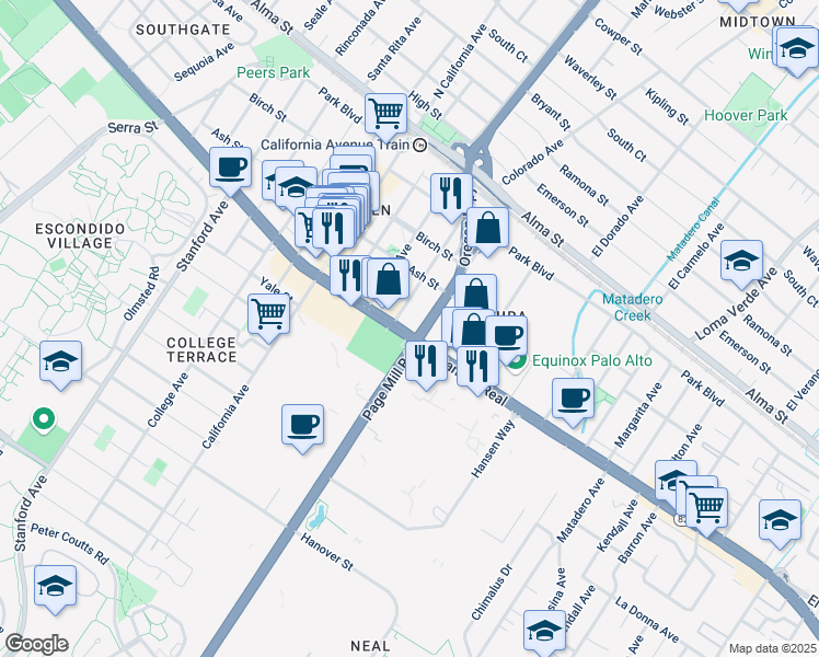 map of restaurants, bars, coffee shops, grocery stores, and more near 2755 El Camino Real in Palo Alto
