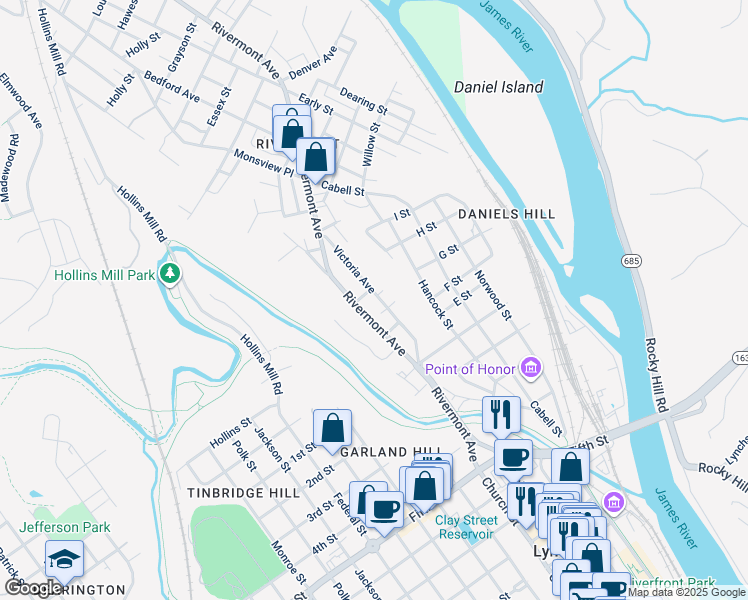 map of restaurants, bars, coffee shops, grocery stores, and more near 511 Victoria Avenue in Lynchburg