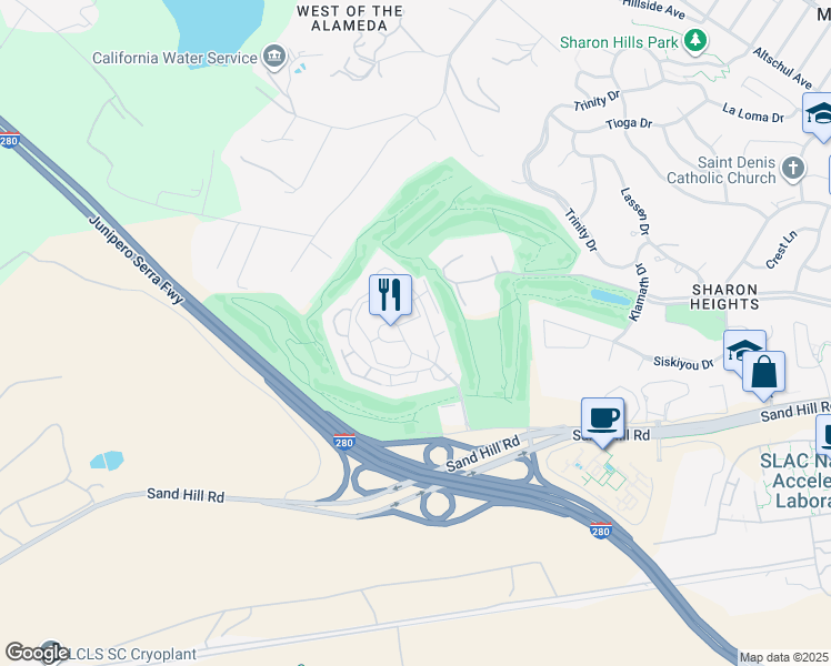 map of restaurants, bars, coffee shops, grocery stores, and more near 3000 Sand Hill Road in Menlo Park