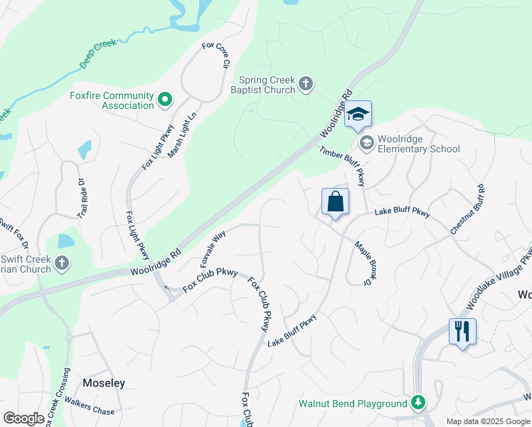map of restaurants, bars, coffee shops, grocery stores, and more near 5423 Houndmaster Road in Midlothian