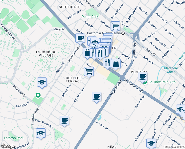 map of restaurants, bars, coffee shops, grocery stores, and more near California Ave & Williams St in Palo Alto